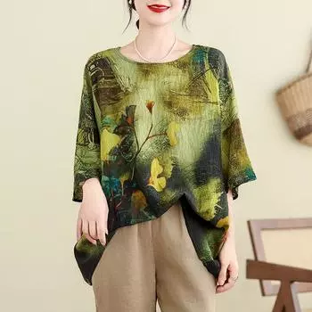 DIMANAF Лето 2024, большие размеры, льняная женская футболка, топы, свободные базовые футболки с короткими рукавами, повседневная одежда One Size зелёный