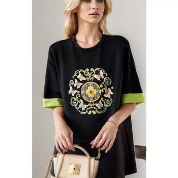 DIMANAF, лето 2024, большие размеры, женские хлопковые футболки в китайском стиле, топы, свободные базовые футболки с винтажным принтом, одежда