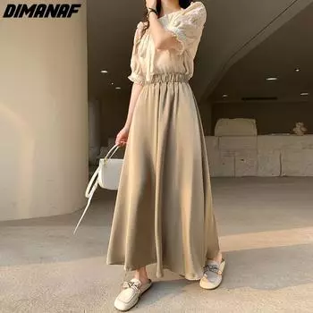 DIMANAF Лето 2024 Большие размеры женские длинные юбки однотонные с высокой талией эластичные тонкие свободные винтажные элегантные юбки оверсайз