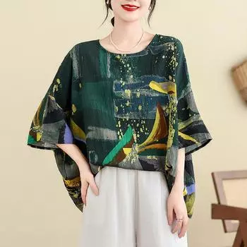 DIMANAF, лето 2024, льняная женская футболка больших размеров, топы с коротким рукавом, свободный стиль, базовые футболки с принтом, повседневная одежда One Size зелёный