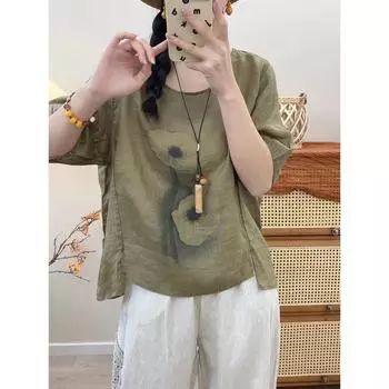 DIMANAF, лето 2024, женская футболка больших размеров, льняные топы, винтажные свободные базовые футболки с принтом, рубашка, блузка, одежда 08