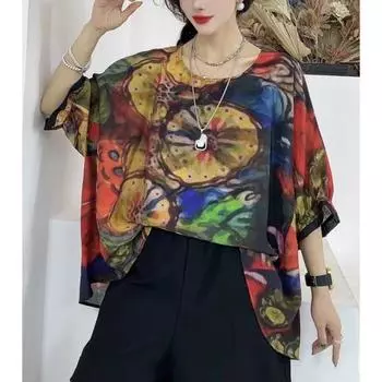 DIMANAF, лето 2024, женская футболка больших размеров, топы «летучая мышь», винтажные льняные свободные футболки с принтом, блузка, одежда 06