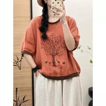 DIMANAF, лето 2024, женская футболка больших размеров, льняные топы, винтажные свободные базовые футболки с принтом, рубашка, блузка, одежда 003 One Size