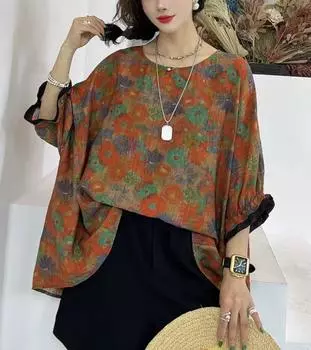 DIMANAF, лето 2024, женская футболка больших размеров, топы «летучая мышь», винтажные льняные свободные футболки с принтом, блузка, одежда 03