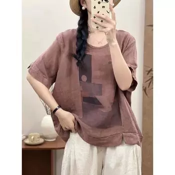 DIMANAF Лето 2024, женская футболка больших размеров, льняные топы, винтажные свободные базовые футболки с принтом, рубашка, блузка, одежда 04