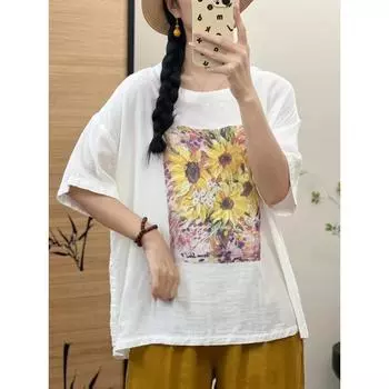 DIMANAF Лето 2024, женская футболка больших размеров, льняные топы, винтажные свободные базовые футболки с принтом, рубашка, блузка, одежда 02