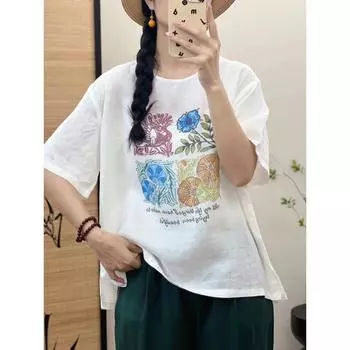 DIMANAF, лето 2024, женская футболка больших размеров, льняные топы, винтажные свободные базовые футболки с принтом, рубашка, блузка, одежда 07