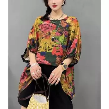 DIMANAF, лето 2024, женская футболка больших размеров, топы «летучая мышь», винтажные свободные базовые футболки с принтом, блузка, одежда 04