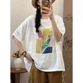 DIMANAF, лето 2024, женская футболка больших размеров, льняные топы, винтажные свободные базовые футболки с принтом, рубашка, блузка, одежда 05