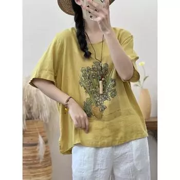 DIMANAF, лето 2024, женская футболка больших размеров, льняные топы, винтажные свободные базовые футболки с принтом, рубашка, блузка, одежда 03