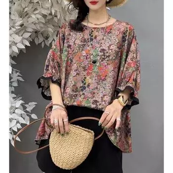 DIMANAF, лето 2024, женская футболка больших размеров, топы «летучая мышь», винтажные свободные базовые футболки с принтом, блузка, одежда 01