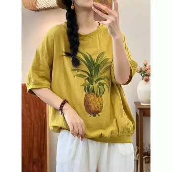 DIMANAF Лето 2024, женская футболка больших размеров, льняные топы, винтажные свободные базовые футболки с принтом, рубашка, блузка, одежда 01
