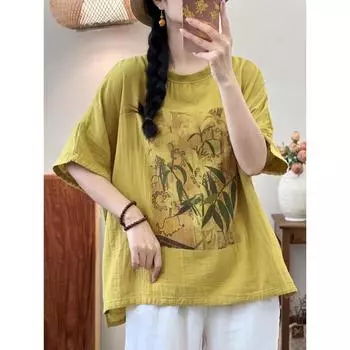DIMANAF Лето 2024, женская футболка больших размеров, льняные топы, винтажные свободные базовые футболки с принтом, рубашка, блузка, одежда 06