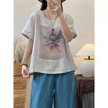DIMANAF Лето 2024, женская футболка больших размеров, льняные топы, винтажные свободные базовые футболки с принтом, рубашка, блузка, одежда 04