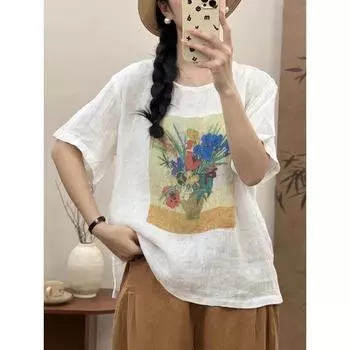 DIMANAF Лето 2024, женская футболка больших размеров, льняные топы, винтажные свободные базовые футболки с принтом, рубашка, блузка, одежда 06