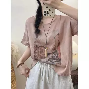 DIMANAF Лето 2024, женская футболка больших размеров, льняные топы, винтажные свободные базовые футболки с принтом, рубашка, блузка, одежда 06