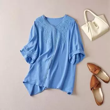 Dimanaf Лето 2024, женская футболка больших размеров, новые повседневные топы с короткими рукавами и цветочным принтом с v-образным вырезом, свободные футболки