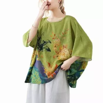 Dimanaf Лето 2024, женская футболка больших размеров, свободная новая блузка с цветочным принтом, оверсайз, топы с короткими рукавами, повседневные футболки