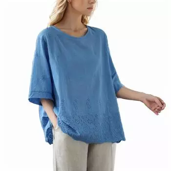 Dimanaf Лето 2024, женская футболка больших размеров, свободная однотонная новая блузка с цветочным принтом, оверсайз, топы с короткими рукавами, повседневные футболки