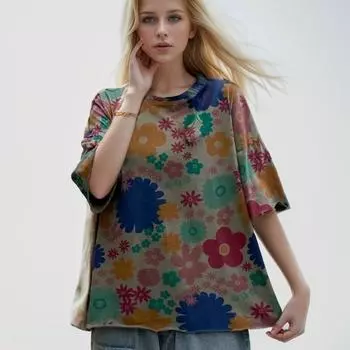 Dimanaf Лето 2024, женская хлопковая футболка больших размеров, топы с винтажным принтом, свободные цветочные базовые футболки, одежда 34