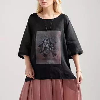 DIMANAF, лето 2024, женская льняная футболка больших размеров, топы, свободные базовые футболки с цветочным принтом, рубашка, блузка, одежда