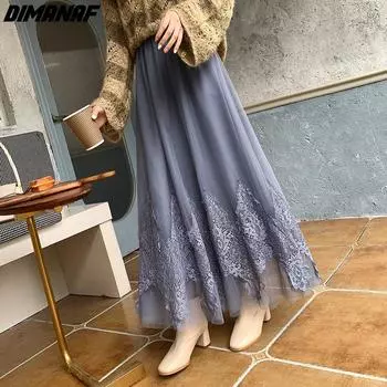 DIMANAF, лето 2024, женские длинные юбки больших размеров с высокой талией, эластичные кружевные винтажные элегантные свободные юбки большого размера