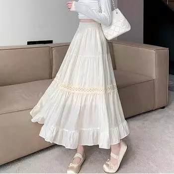 Dimanaf Лето 2024, женские длинные юбки с эластичной резинкой на талии и цветочным принтом, винтажные элегантные белые свободные кружевные черные юбки 767