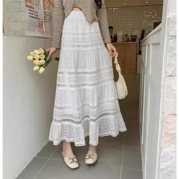 DIMANAF, лето 2024, женские длинные юбки с эластичной резинкой на талии, винтажные элегантные белые свободные кружевные юбки с цветочным принтом