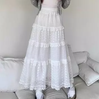 Dimanaf Лето 2024, женские длинные юбки с эластичной резинкой на талии и цветочным принтом, элегантные белые винтажные свободные кружевные черные юбки 771