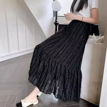 Dimanaf Лето 2024, женские длинные юбки с эластичной резинкой на талии, винтажные элегантные белые свободные кружевные черные юбки с цветочным принтом 767