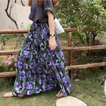 DIMANAF, лето 2024, женские длинные юбки с эластичной резинкой на талии, цветочный дизайн, винтажные элегантные свободные кружевные фиолетовые, красные юбки One Size фиолетовый