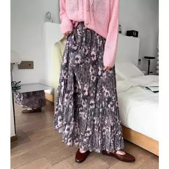 Dimanaf Лето 2024, женские длинные юбки с эластичной резинкой на талии, серые винтажные элегантные свободные кружевные юбки с цветочным принтом, фиолетовые, красные юбки