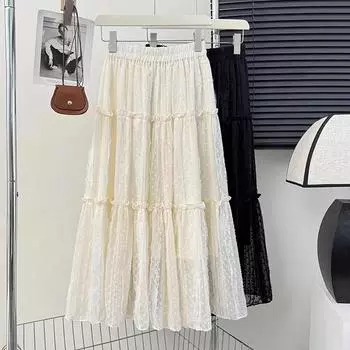 Dimanaf Лето 2024, женские длинные юбки с эластичной резинкой на талии, винтажные элегантные белые свободные кружевные юбки с цветочным принтом 765