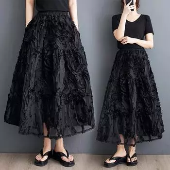 Dimanaf Лето 2024, женские юбки больших размеров, плиссированные черные однотонные элегантные винтажные свободные юбки трапециевидной формы с эластичной резинкой на талии