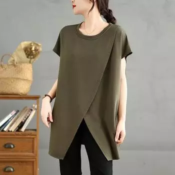 Dimanaf Лето 2025 Базовые женские футболки больших размеров с коротким рукавом, нерегулярным О-образным вырезом, топы, футболки, свободная рубашка, макси One Size зелёный