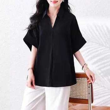 Dimanaf Лето 2025 Блузка из шифона больших размеров Футболка оверсайз Однотонные женские топы Свободные футболки Мода Новая рубашка L чёрный