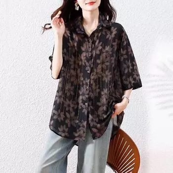 Dimanaf Лето 2025 Блузка с короткими рукавами больших размеров Футболка оверсайз Женские свободные топы с цветами Футболки Новая рубашка L чёрный
