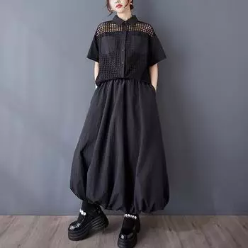 Dimanaf Лето 2025 Большой размер Ажурная Оверсайз Футболка Женская Пуговицы Свободные Топы Футболки Повседневная Новая Футболка One Size чёрный