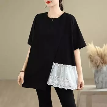 Dimanaf Лето 2025 Большой размер Кружевная вставка Оверсайз Футболка Женская Свободные Топы Футболки Повседневная Новая Рубашка One Size чёрный
