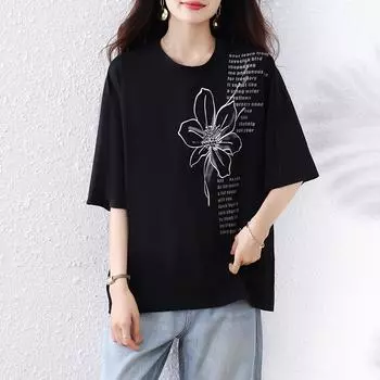 Dimanaf Лето 2025 Большой размер Оверсайз Футболка с круглым вырезом Женская Свободные топы Футболки Модный принт Повседневная Новая рубашка L чёрный