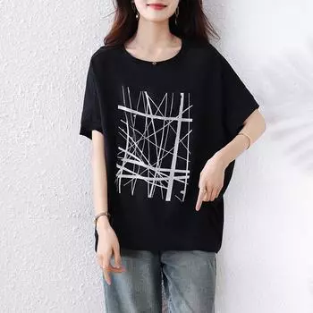 Dimanaf Лето 2025 Футболка большого размера оверсайз женская свободная топы футболки повседневная модная с принтом новая футболка L чёрный