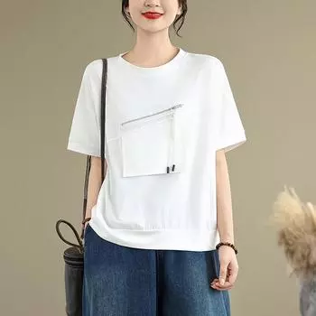 Dimanaf Лето 2025 Однотонные Базовые Больших Размеров Женские Футболки с Коротким Рукавом Хлопок Круглый Вырез Топы Футболки Свободная Рубашка Макси One Size белый