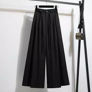 DIMANAF Лето 2025 Женские брюки больших размеров с широкими штанинами, свободные, с высокой посадкой, базовые эластичные брюки, повседневные длинные брюки L чёрный
