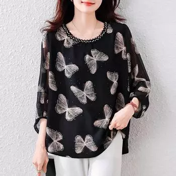 Dimanaf Лето 2025 Женские футболки больших размеров Шифон Элегантные принты Топы Футболки Свободная рубашка M чёрный
