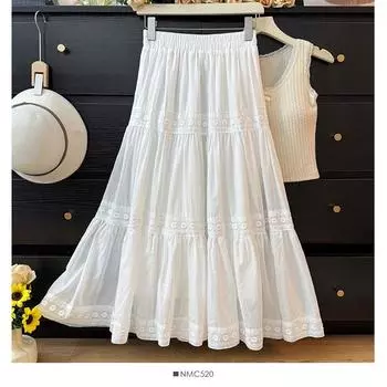 Dimanaf Лето 2025 Женские Новые Юбки Однотонные Эластичная Талия Плиссированные Белые Кружевные Юбки One Size белый