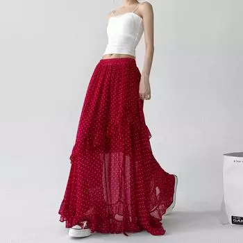 Dimanaf Лето 2025 Женские Новые Юбки В Горошек Эластичная Талия Плиссированные Красные Элегантные Юбки one size красный