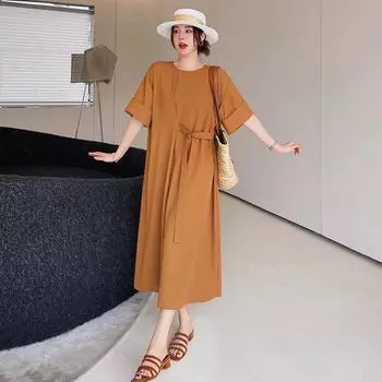 DIMANAF Лето Плюс Размер Мода Женщины Элегантная Леди Хлопок Длинное Платье Оверсайз Свободная Одежда Твердый с поясом