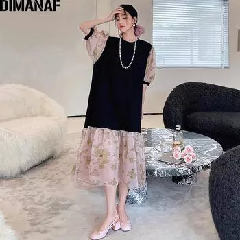 DIMANAF Лето плюс размер модное женское элегантное женское длинное платье с цветочным принтом шифоновая свободная черная хлопковая одежда