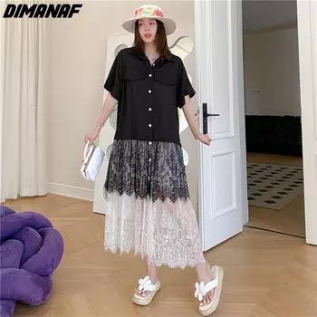 DIMANAF Лето Плюс Размер Модное Женское Элегантное Женское Кружевное Длинное Платье Черная Пуговица Свободная Одежда