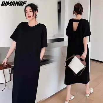 DIMANAF Лето Плюс Размер Модное Женское Элегантное Женское Черное Длинное Платье С Открытой Спиной Хлопок Однотонная Свободная Одежда